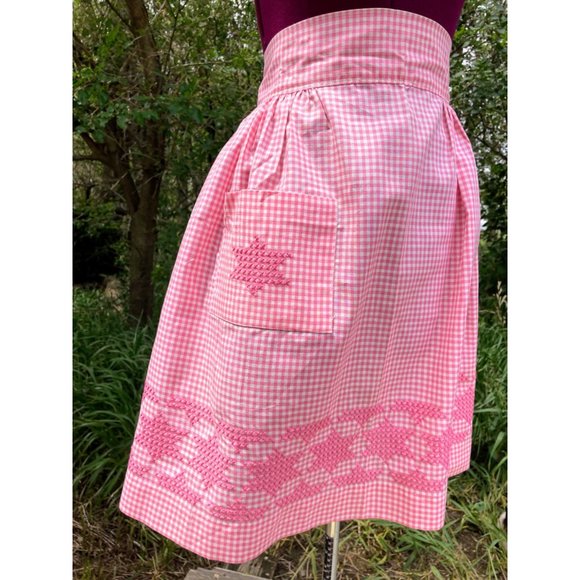 Vintage 1950s Half Apron Pink Gingham Check Smocked Stars Farmhouse - Picture 8 of 16